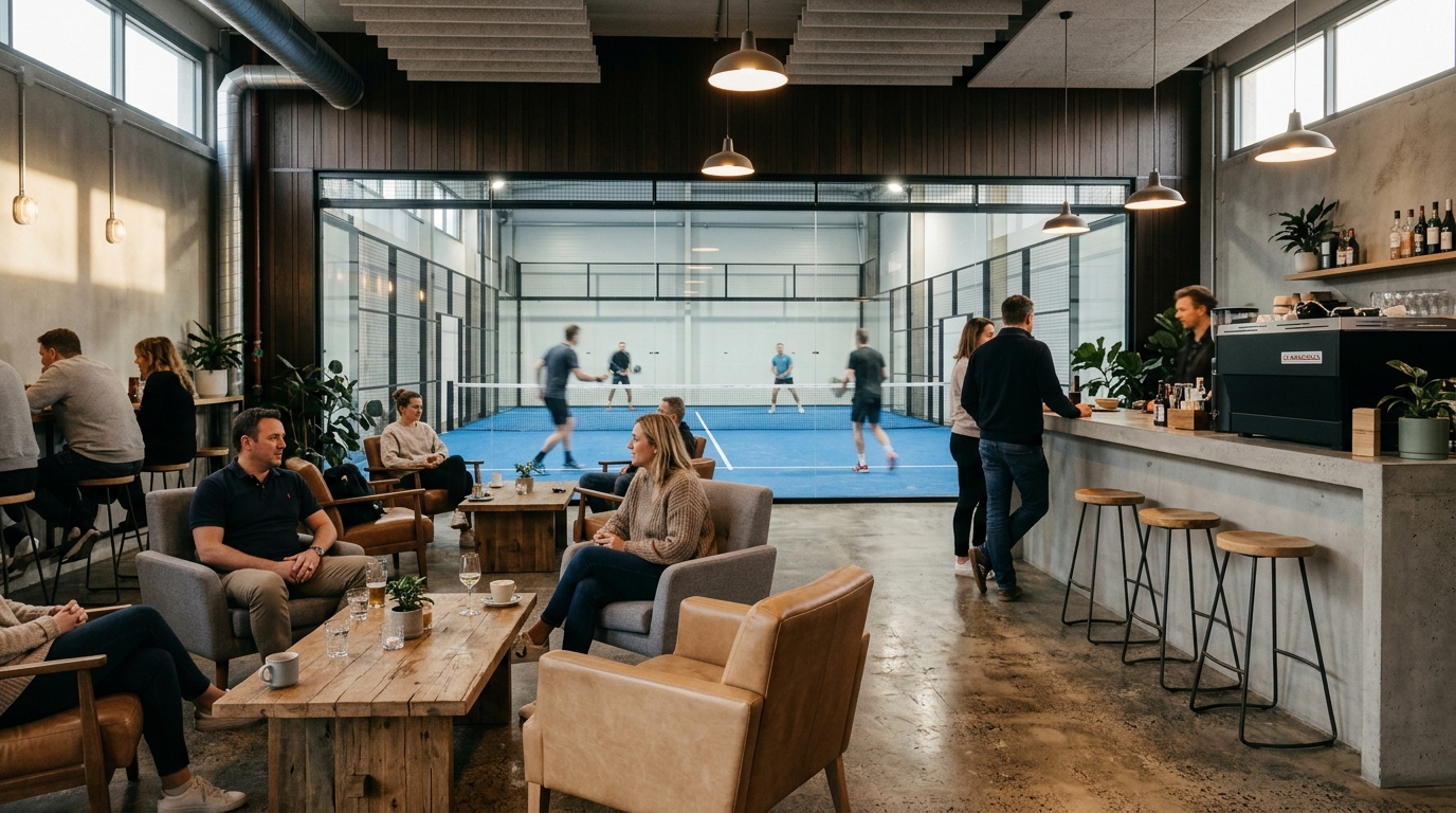 Social lounge area of a padel club with viewing windows looking onto the courts and a service bar.