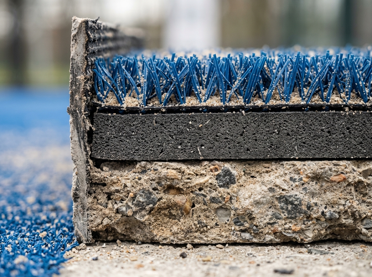 Cross-section view of a Padel Club court floor showing concrete base, shock-absorbing underlay, turf, and sand infill.