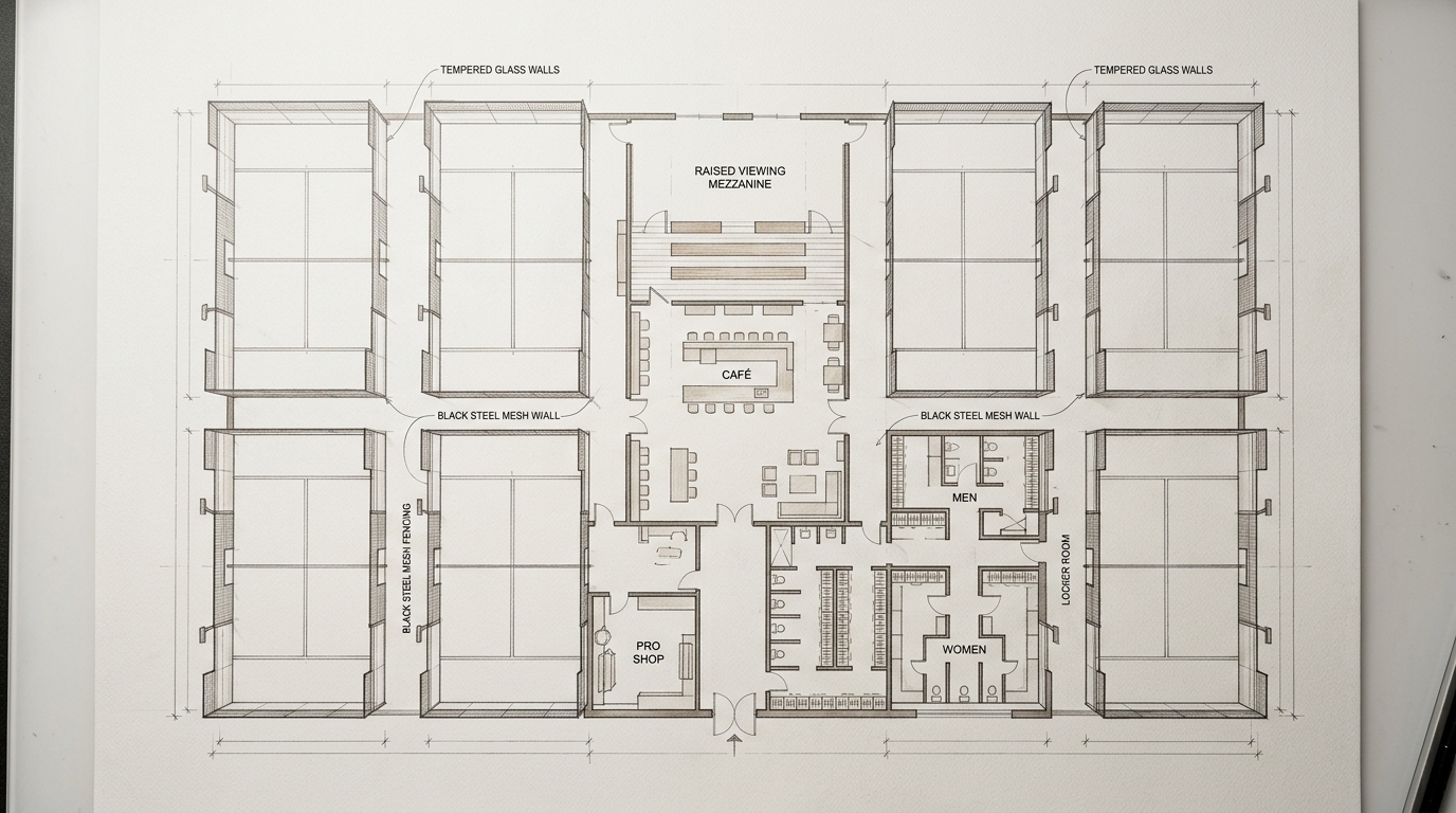 Architectural floor plan of a six-court indoor padel club layout with central social spaces and pro shop.