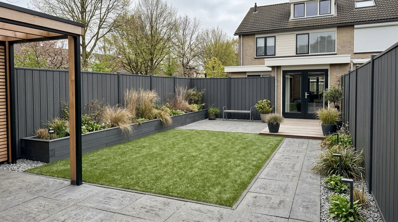 A modern garden featuring charcoal composite fencing, raised beds with ornamental grasses, and artificial turf.