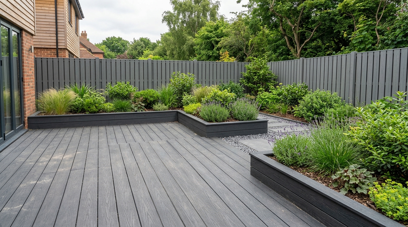 A wide establishing shot of a low-maintenance garden featuring grey composite decking, raised beds, and tough green plants.