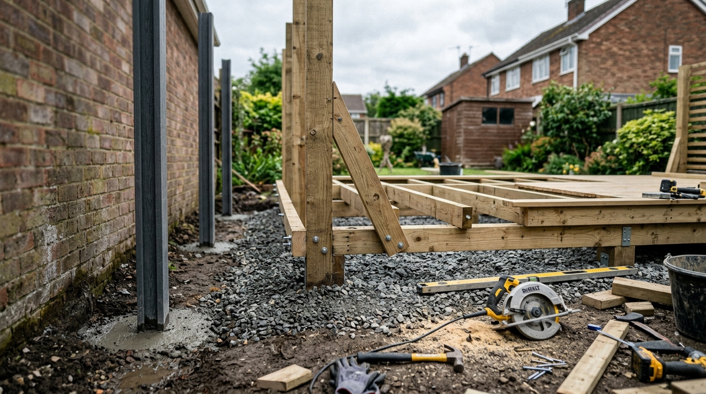 A medium shot of treated timber framing and composite fence posts being built over a grey aggregate sub-base in a residential garden.