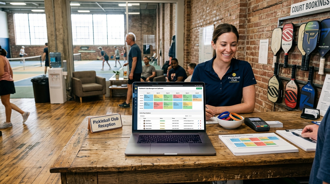 A laptop on a wooden counter displays pickleball club management software inside a club reception area.