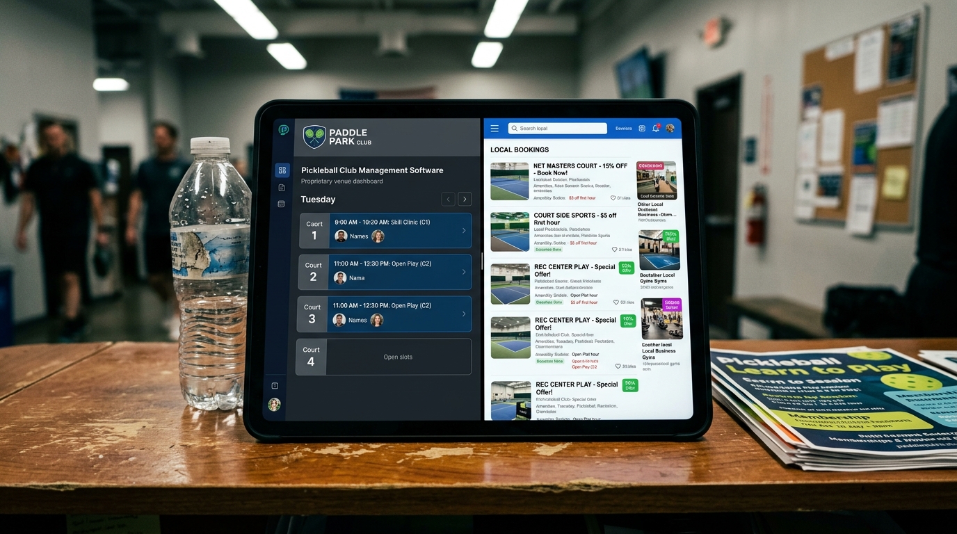 A tablet displays a side-by-side mockup of Pickleball Club Management Software next to a busy third-party booking feed.