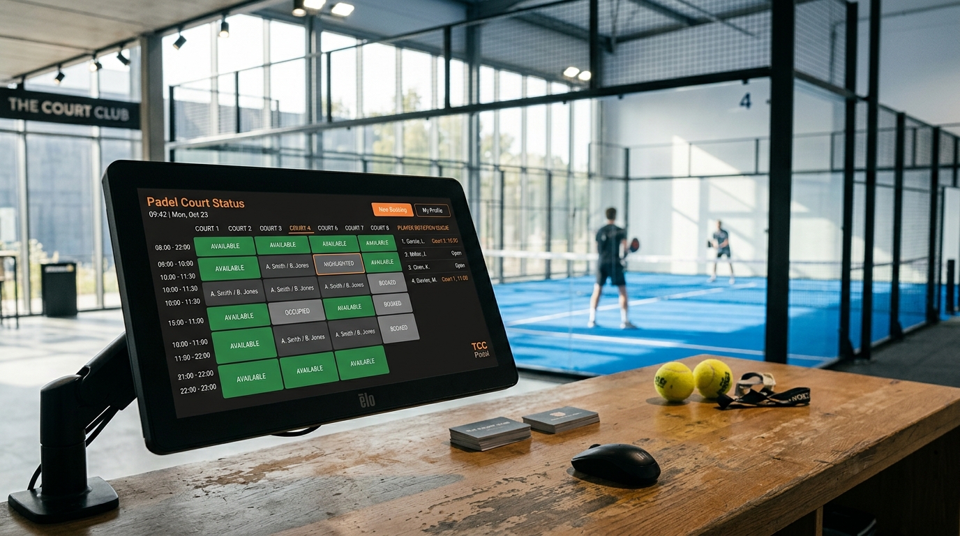 A touchscreen terminal displaying a custom padel booking system court grid inside a modern club reception area.