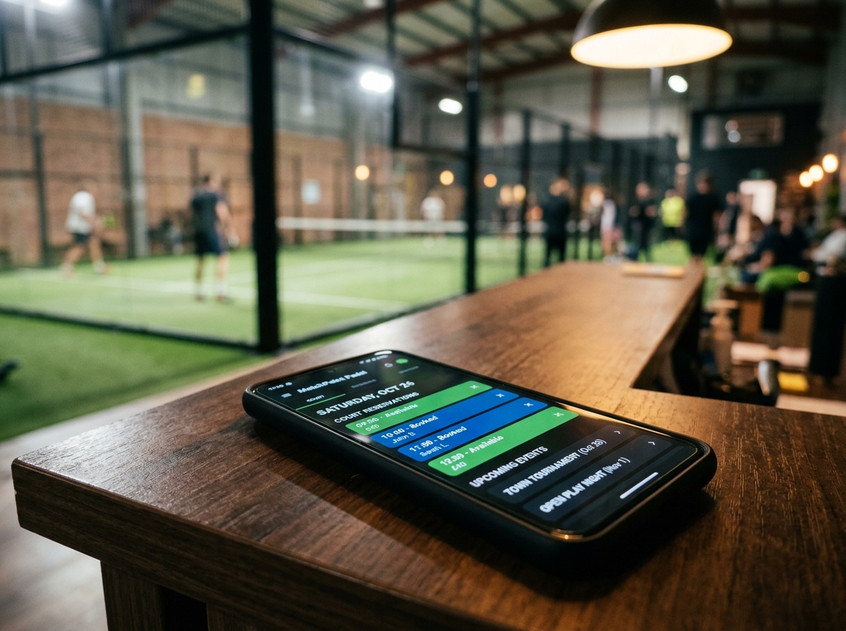 A smartphone on a wooden desk displays the Custom Padel Booking System app with a live court schedule.