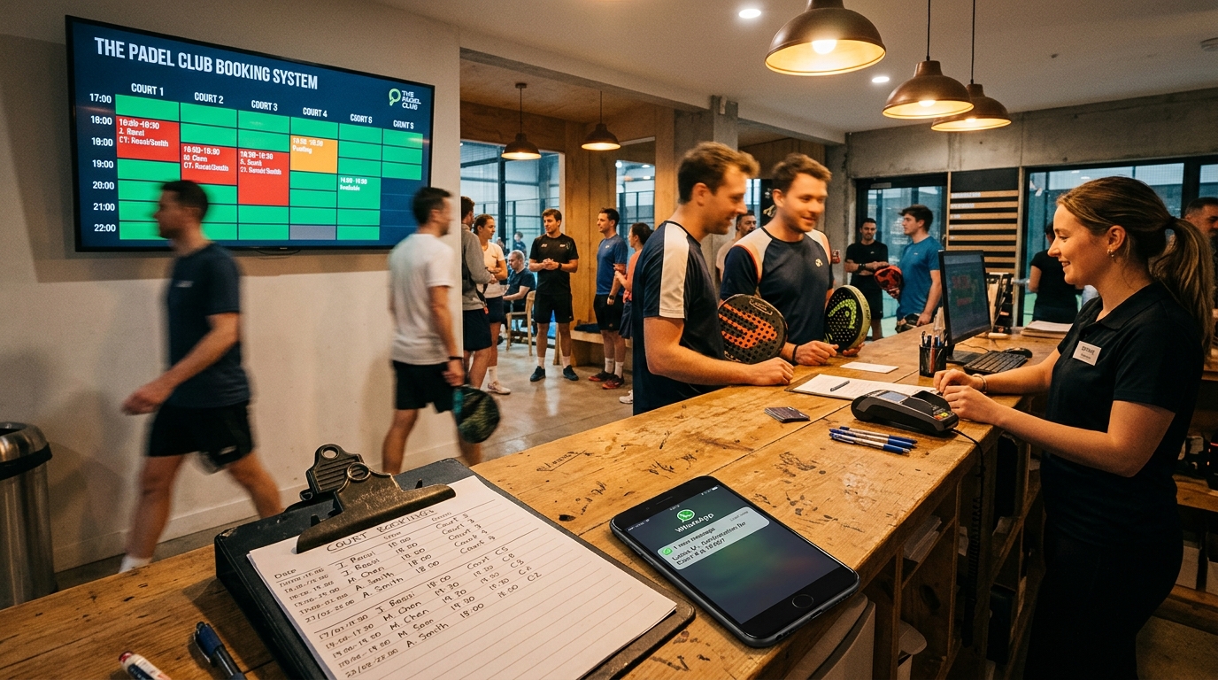 A front desk clipboard with handwritten padel bookings next to a smartphone and a live scheduling software monitor.