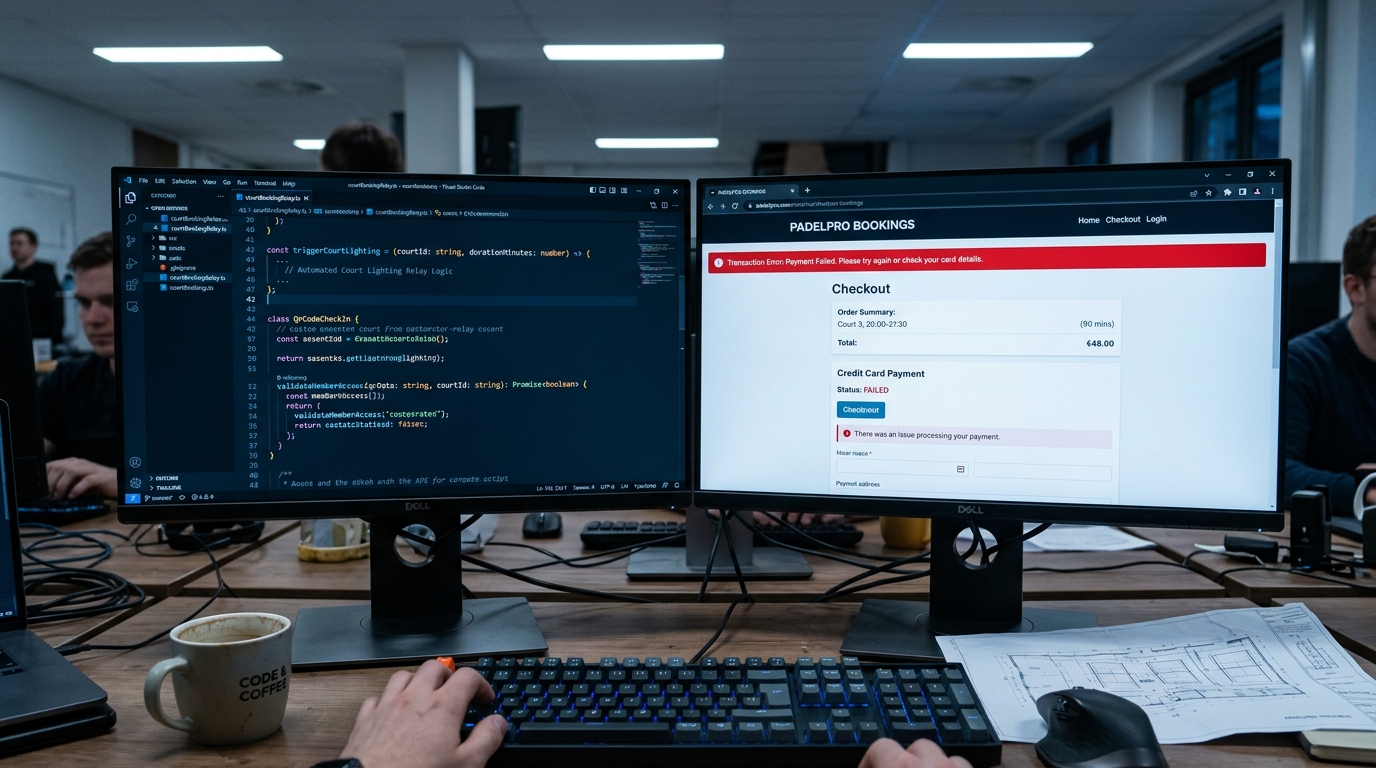 A dual monitor setup displays a custom padel booking system code editor next to a checkout error screen.