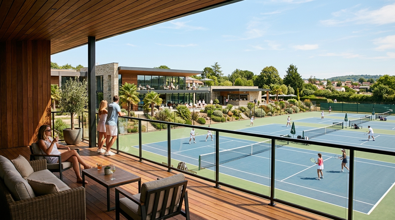 a modern tennis club viewed from the veranda on a sunny day