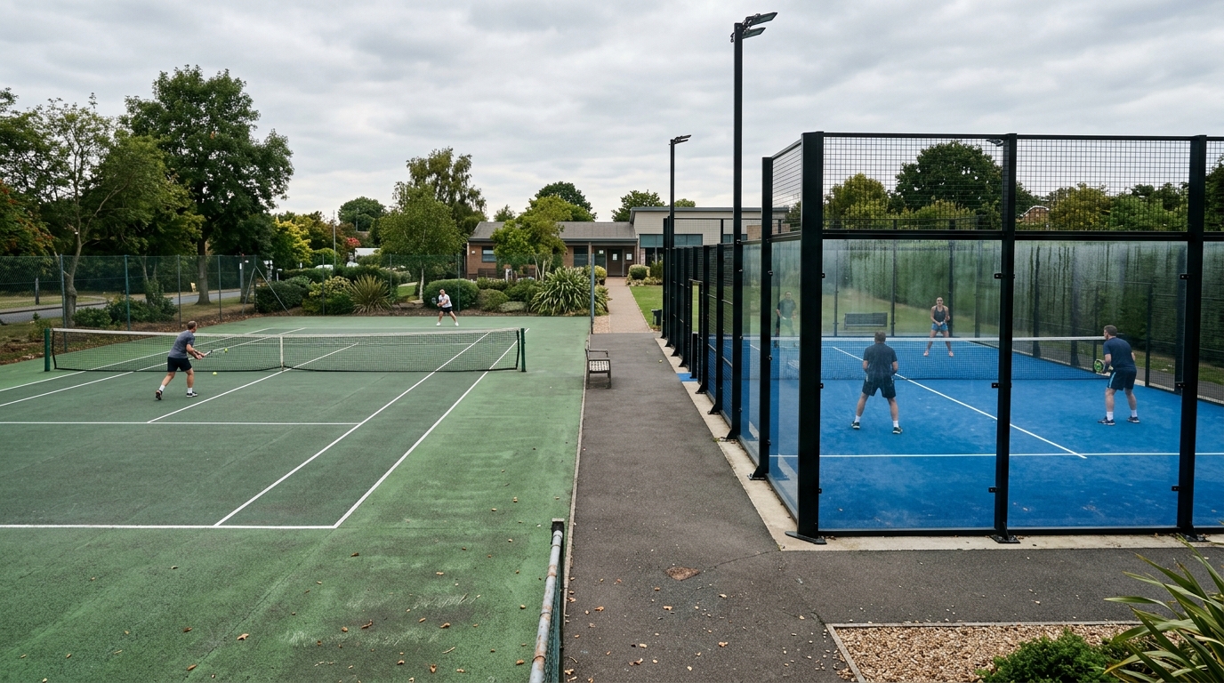 Side-by-side view of an outdoor tennis hard court and a glass-walled padel court at a sports facility.