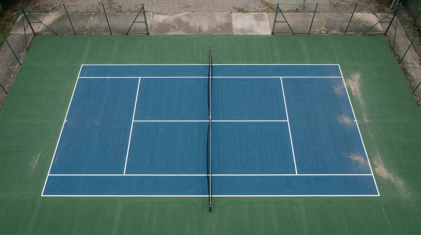 Overhead view of an open-pour acrylic hard court with dual-use lines for tennis and 2 pickleball courts.